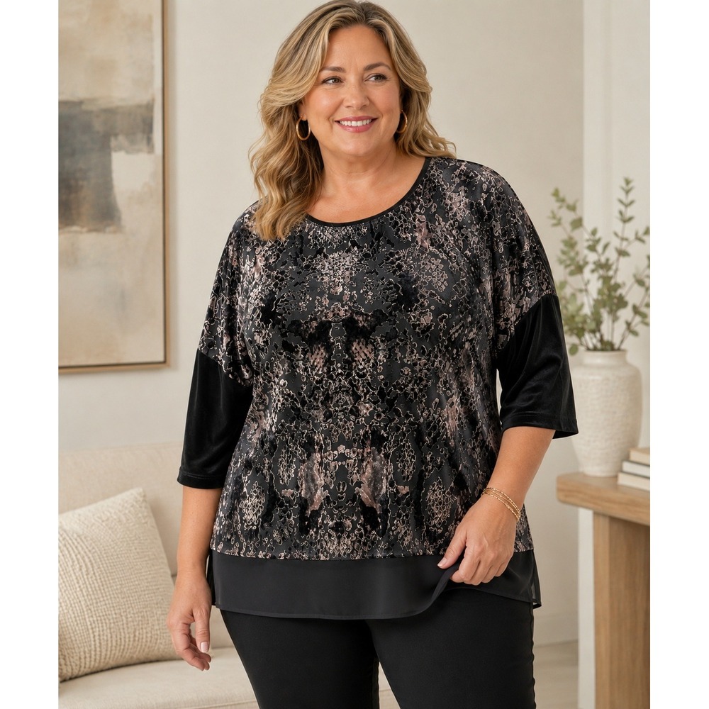 Chico's Womens Size XL Velvet Mixed Media Snakeskin Burnout 3/4 Sleeve Black